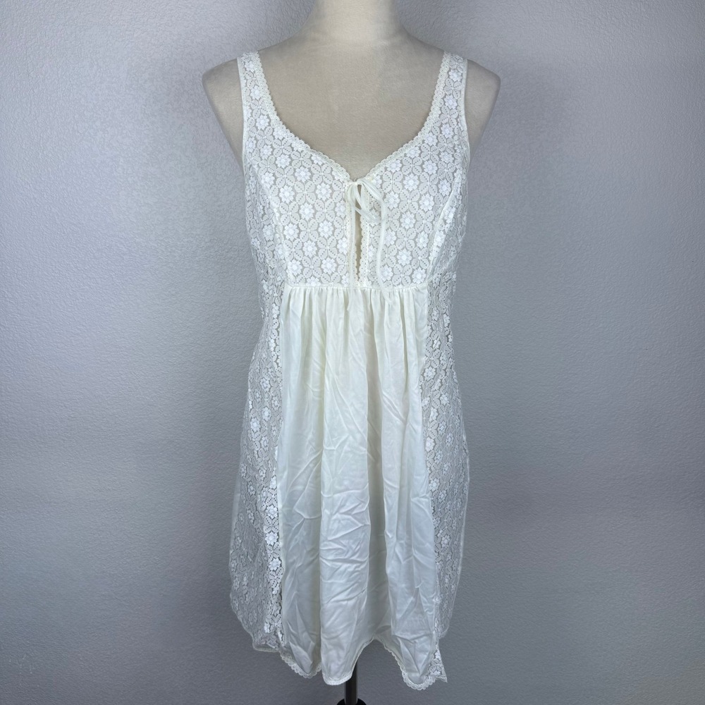 Vintage 60's Anita Lace Trim Slip Gown Night Dress Ivory Lace Panel Women Sz 44
